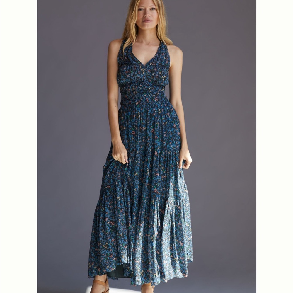 Anthropologie Blue Floral Maxi Dress
